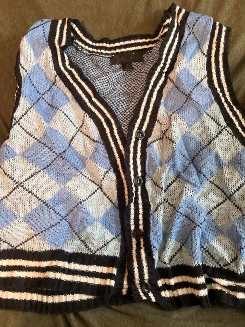 Light Blue Argyle Knit Button-Front Cardigan Vest